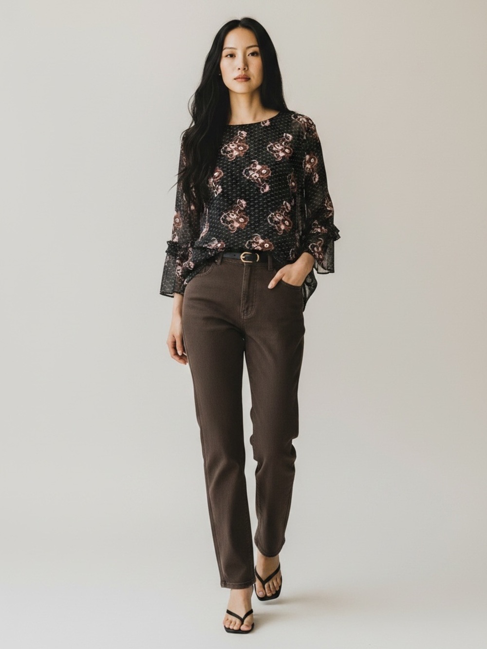 DR2 Black Brown Sheer Blouse Ruffle Sleeve Bohemian Dark Floral Flowy Small